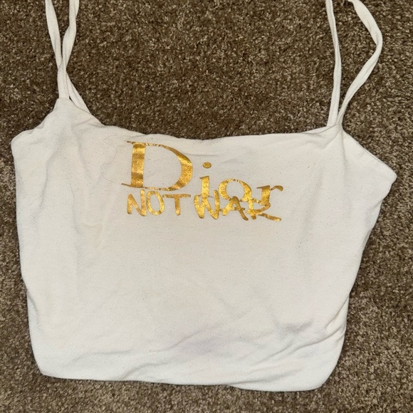 NAKED WARDROBE SOLID VIBES WHITE CROP TANK W GOLD DIOR NOT WAR METALLIC LOGO L - Picture 4 of 8